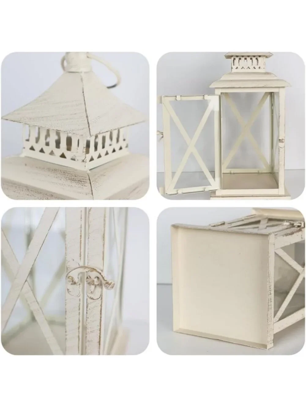 Set of 2 Beige Metal Lanterns with Glass - Decorative Candle Holders for Indoor